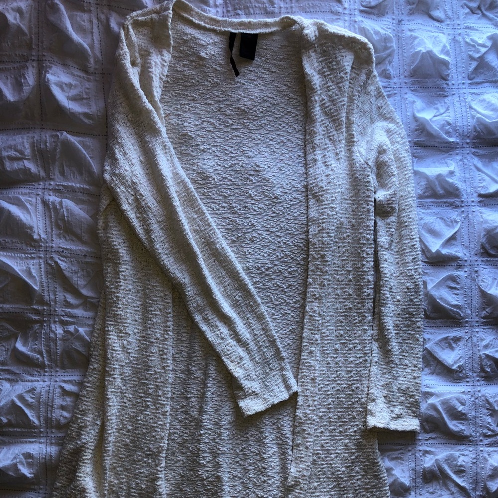 Embroidered White Full Length Sweater Cardigan